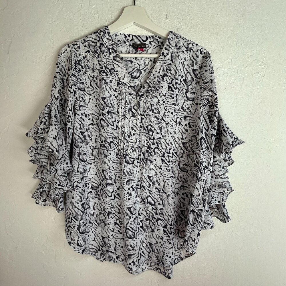 Vince Camuto Womens Snakeskin Print Ruffle Sleeve Blouse Top Small Black/White